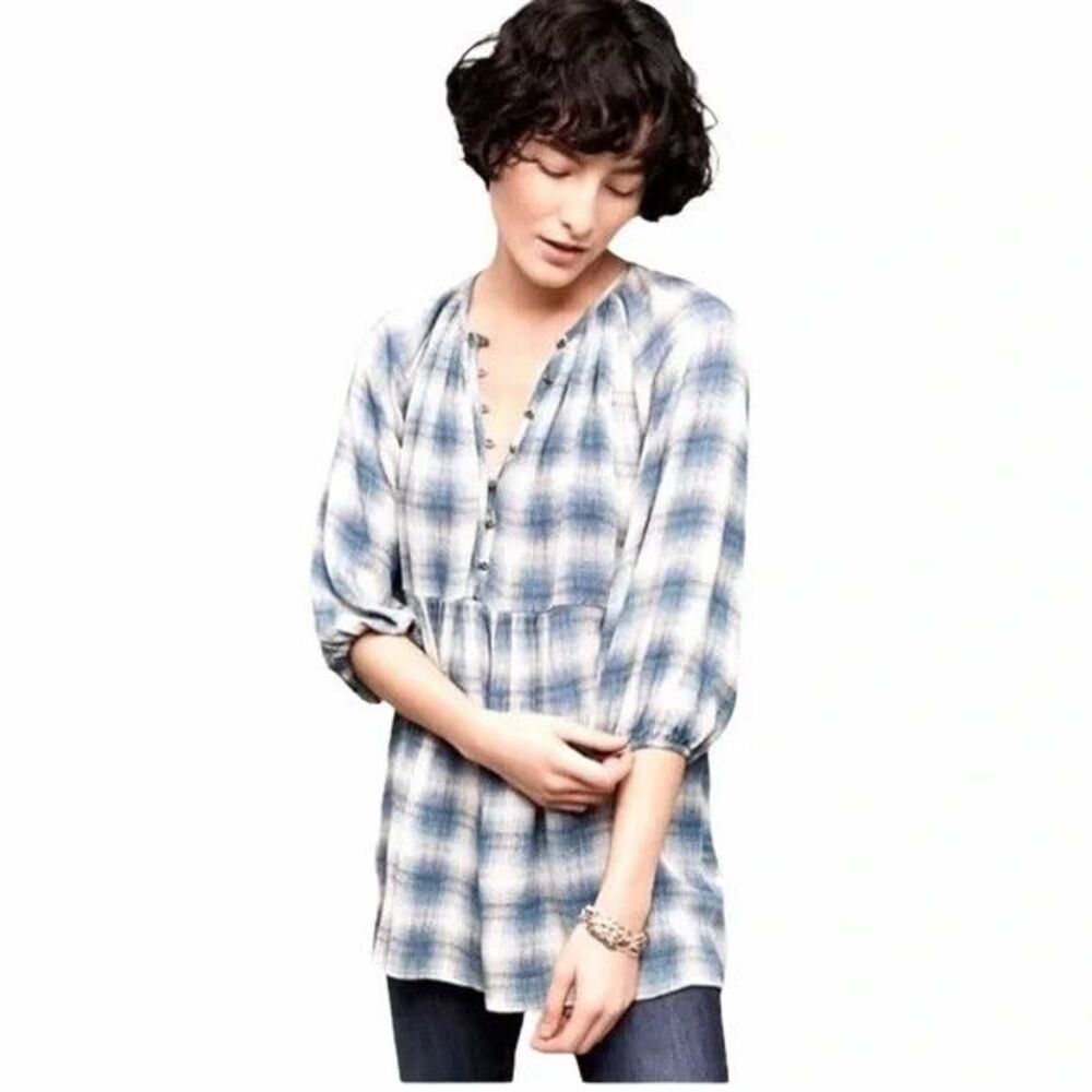 Maeve Calalon Blue Plaid Tunic Top  Size XS ANTHROPOLOGIE